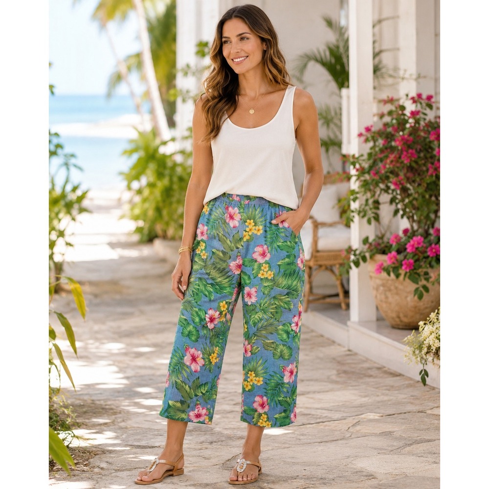 Shegos 100% Linen Pull On Crop Pants Tropical Hibiscus Floral Blue Pink Size 2